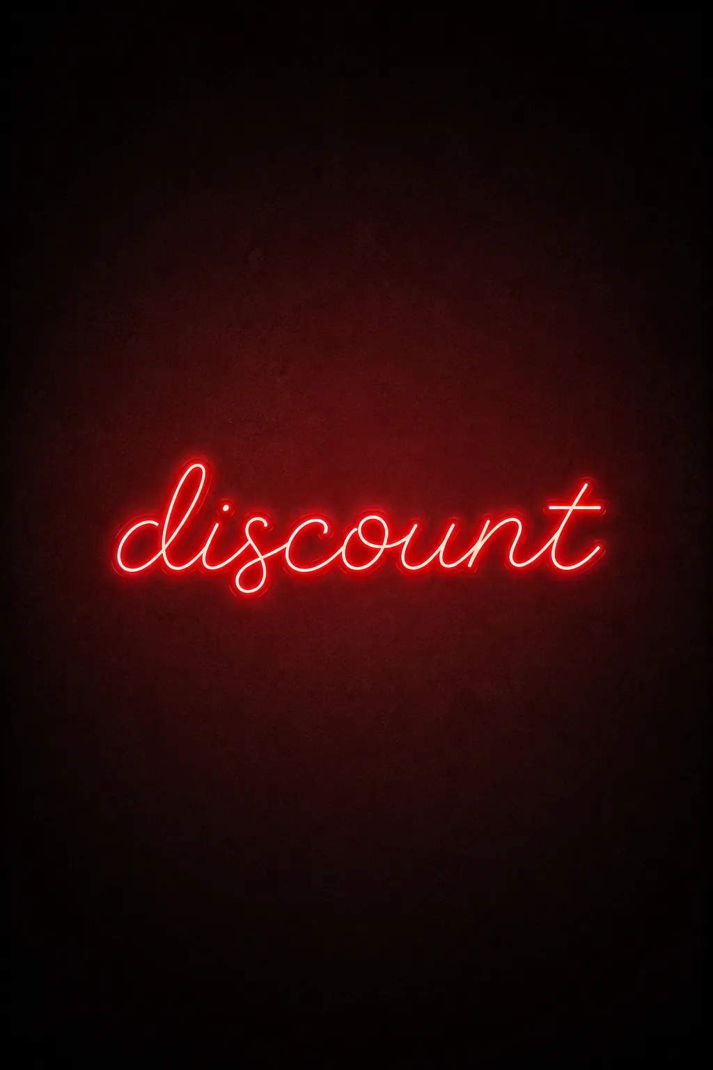 Red neon discount sign on a dark wall